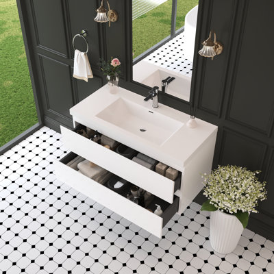 Meuble-lavabo flottant de 42 po avec lavabo, comptoir à surface solide blanc brillant, tiroirs à fermeture en douceur, style contemporain, espace, lavabo en résine, installation facile, bois fonctionnel et élégant de longue durée,