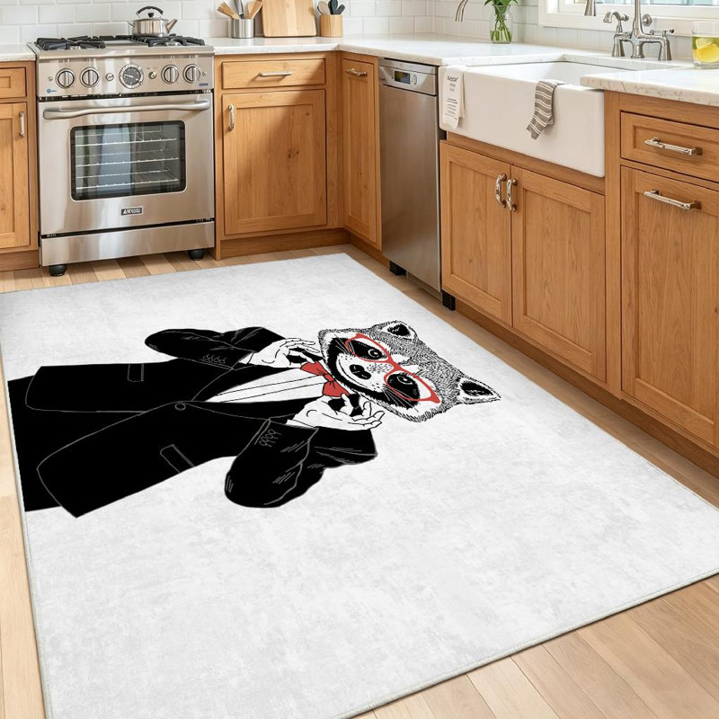 Tapis d'intérieur transparent lavable à la machine, motif raton laveur en smoking avec nœud papillon, Rectangle 39 po x 63 po
