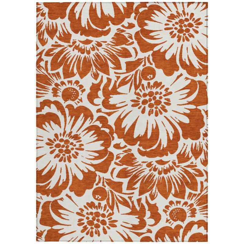 Tapis extérieur antidérapant lavable et antidérapant 3 pi x 5 pi à motif floral rouille et ivoire