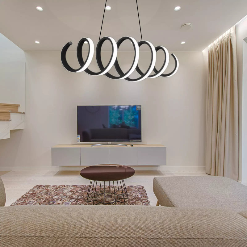 Modern LED Spring Chandelier – Adjustable Matt Black Metal Ceiling Light Fixture for Living Room, Dining Room & Bedroom