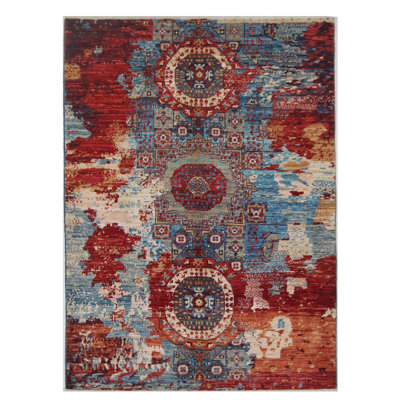 Tapis bleu et rouge noué à la main de haute qualité