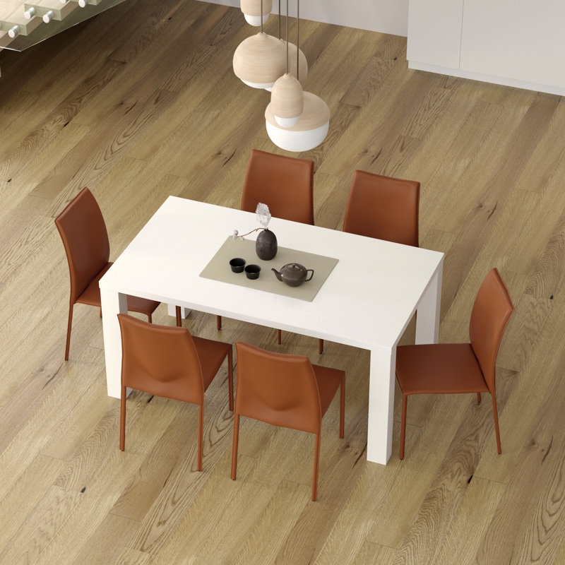 Carson 63" Dining Table In High Gloss White And 6 Sokol Stacking Chairs, Dark Caramel