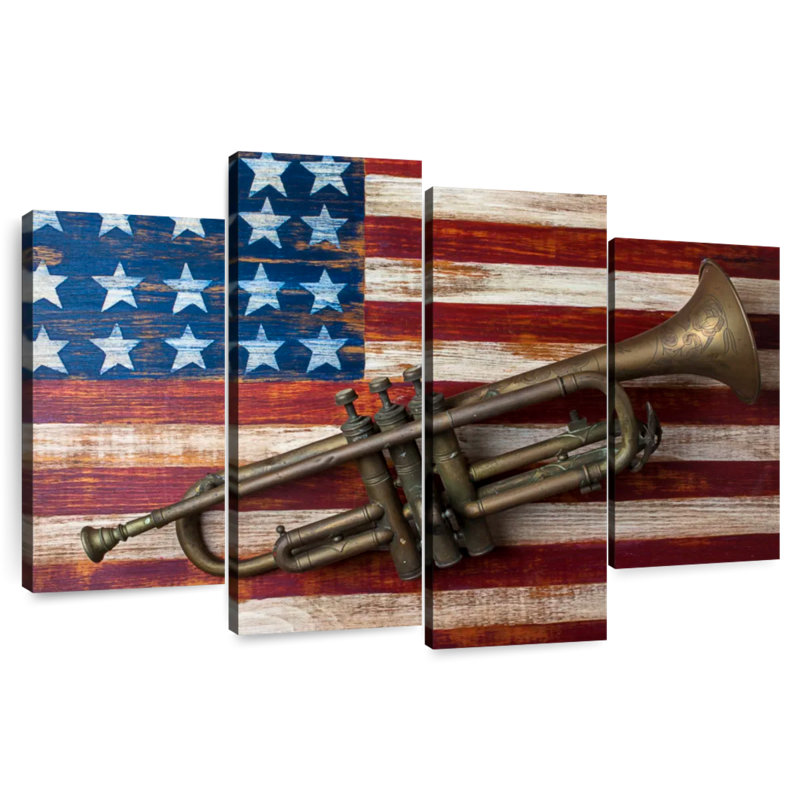 Borges Trumpet On American Flag, 22" H x 36" W