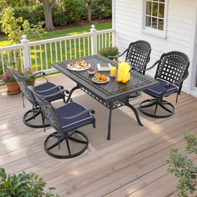 5-Piece Rectangle Cast Aluminum Outdoor Patio Dining Set with Swivel Chairs & Cushions