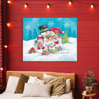 Toile festive avec scène de famille de bonhomme de neige, conception de Diane Kater