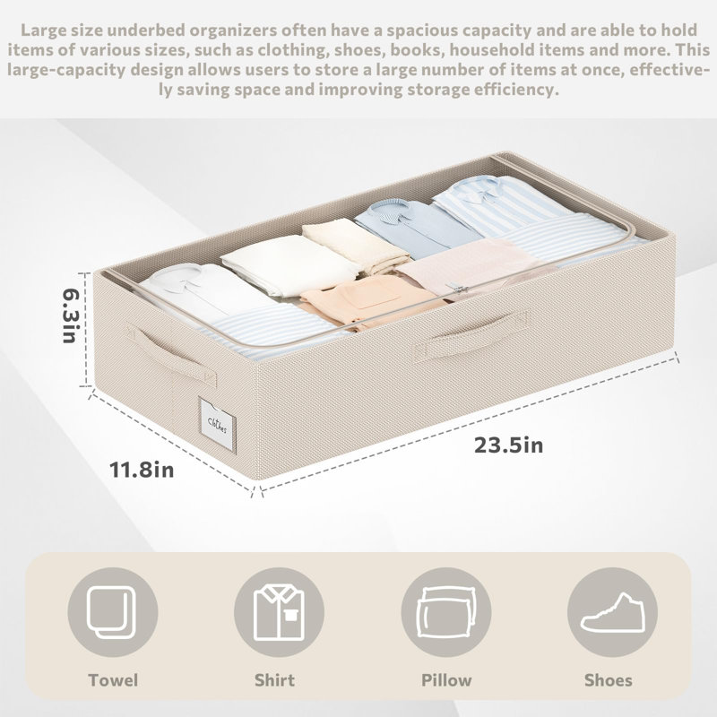 3Pcs Under Bed Storage Bins With Metal Frame - Shoe Organizer For Closet With Clear Cover Oxford Fabric Sturdy Underbed Container Foldable Stackable Clothes Organizer (Beige, 23.5X11.8X6.3)