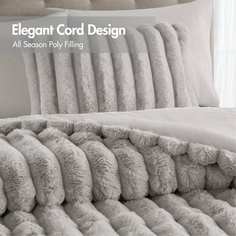 Ensemble d'édredon 3 pièces en fausse fourrure, gris clair, King Comforter + 2 Shams