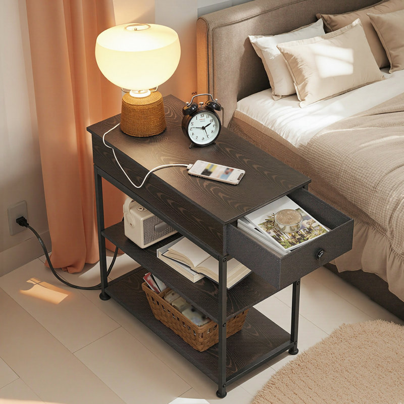 Reggis 24'' End Table with Power Outlets & USB, Side Table with Drawer and 2 Shelves, Farmhouse Side Table for Small Spaces, End Table With Drawer For Living Room, Bedroom
