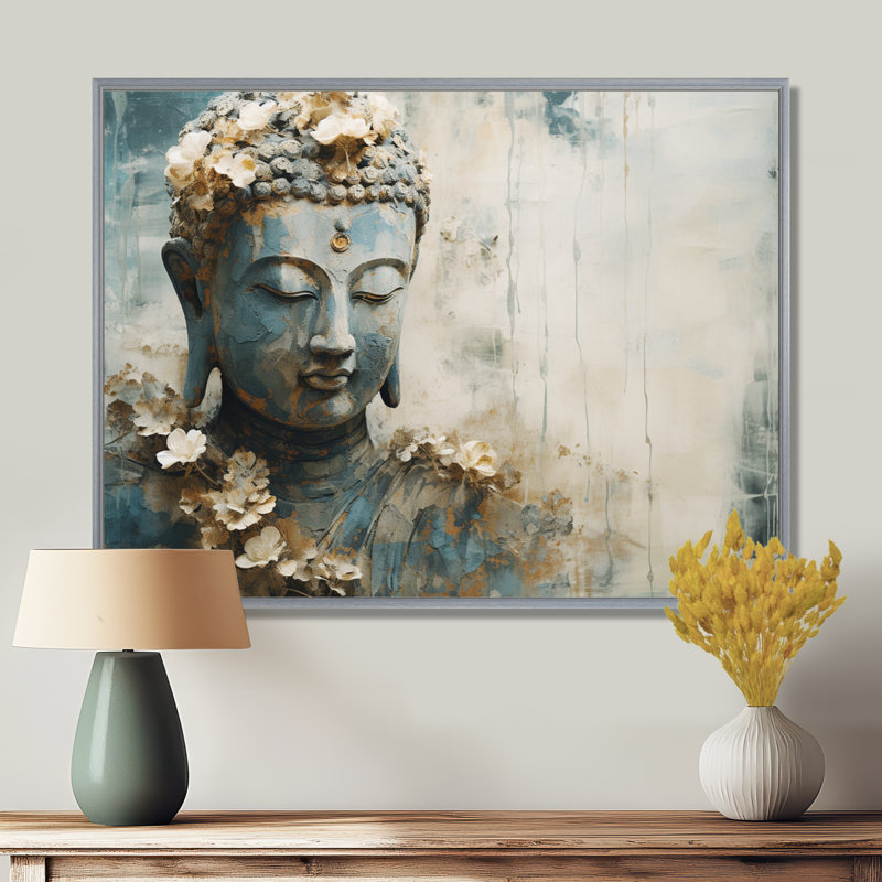 Statue de bouddhisme religieux - art mural bouddhisme, H 30 po x l 40 po x P 1,5 po, Encadrement argenté