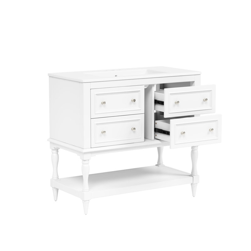 Meuble-lavabo 36 po avec lavabo - 36 po, blanc, bois massif, 4 tiroirs, lavabo encastré en céramique, conception pratique pour tiroir dissimulé