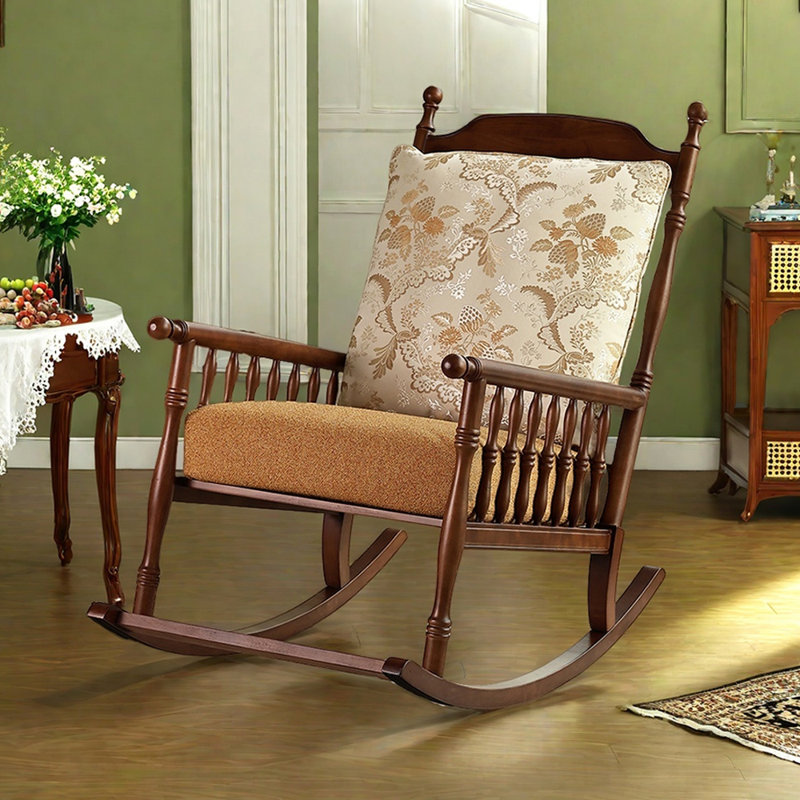 Chaise berçante à haut dossier en bois massif Retro balcon, Beige, jaune, Brun noisette