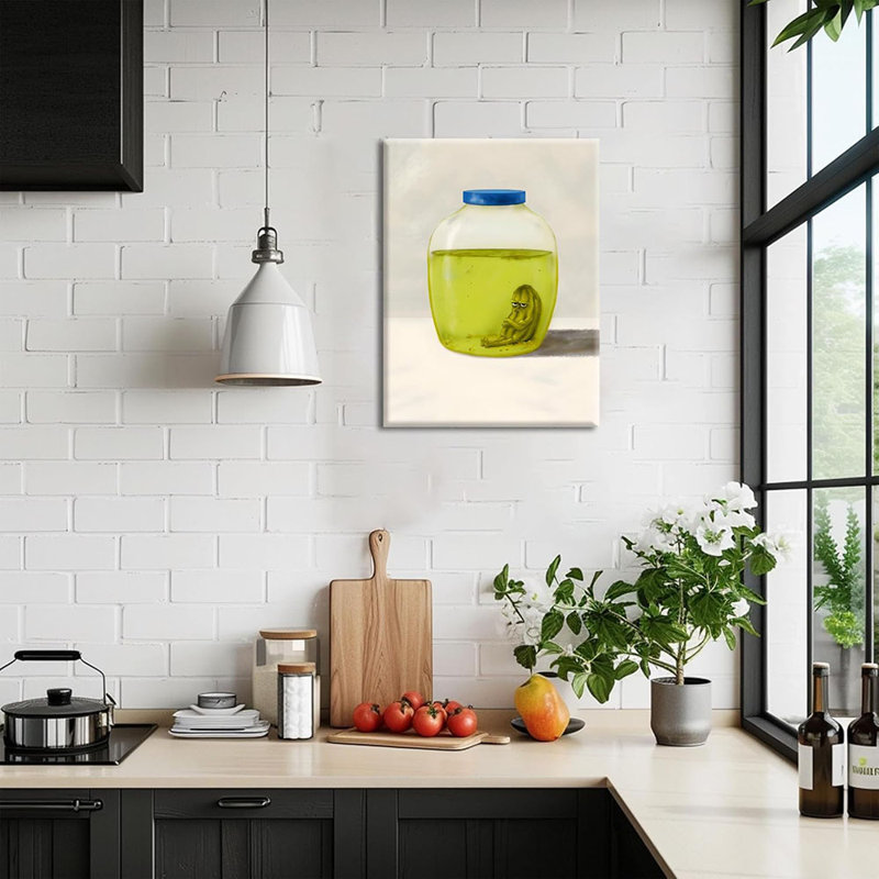 Framed Funny Kitchen Canvas Wall Art, The Last Pickle In Green Cucumber Jar Pictures Wall Decor Paintings, Lonely Pickle Prints Eclectic Home Decor For Dining Room Living Room
