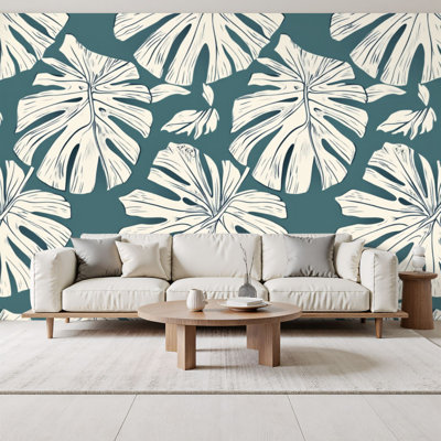 Peel and Stick Wallpaper Tropical Monstera Leaf Soft Beige Teal Wall Murals 69"H x 96"W Removable PVC Wall Paper Self-Adhesive Botanical Wall Decor for Bedroom Living Room