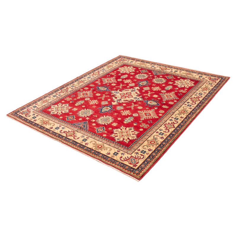 Tapis rouge en laine noué à la main de conception unique 8 pi 1 po x 9 pi 10 po New Age