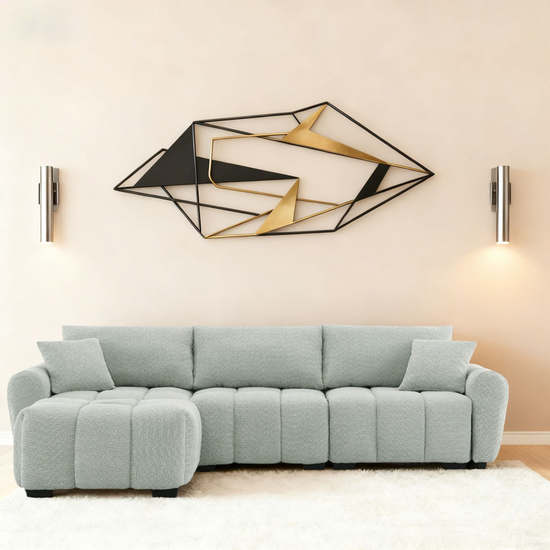 Modern L-Shaped Boucle Fabric Upholstered Sectional Sofa with Plastic Legs, Light Green Boucle