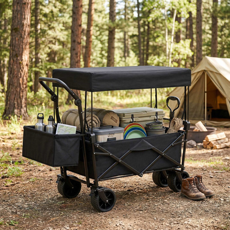 Chariot utilitaire pliable robuste à capacité de charge de 220 lb avec roues antidérapantes tout-terrain résistantes à l'usure, auvent amovible de protection contre les rayons UV