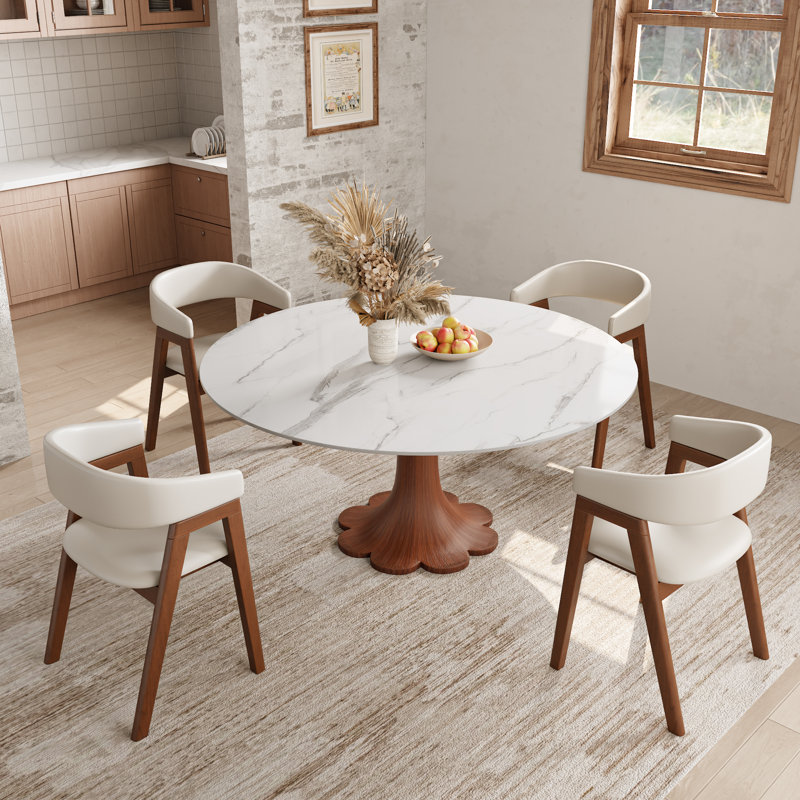 Round Dining Set With Sintered Stone Top Walnut-Finished Solid Wood Floral-Shaped Pedestal (1 Table, 4/6/8 Chairs), White