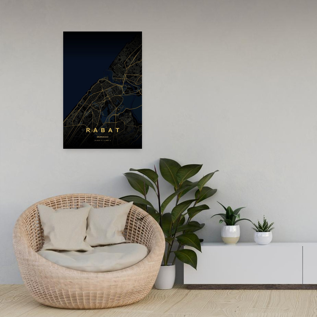 Rabat Golden City Map Abstract Geometric Minimalist City Ocean Wall Art Print