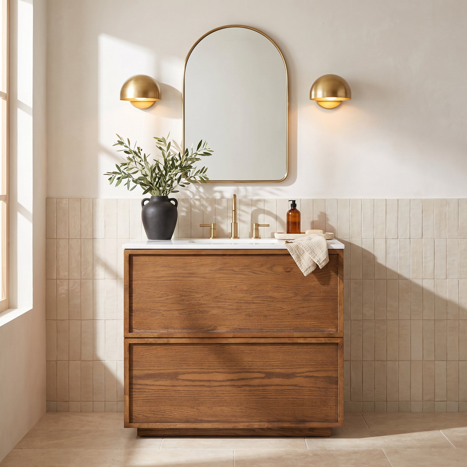 Hudson 36" Genuine Marble Single Bathroom Vanity, Medium Oak