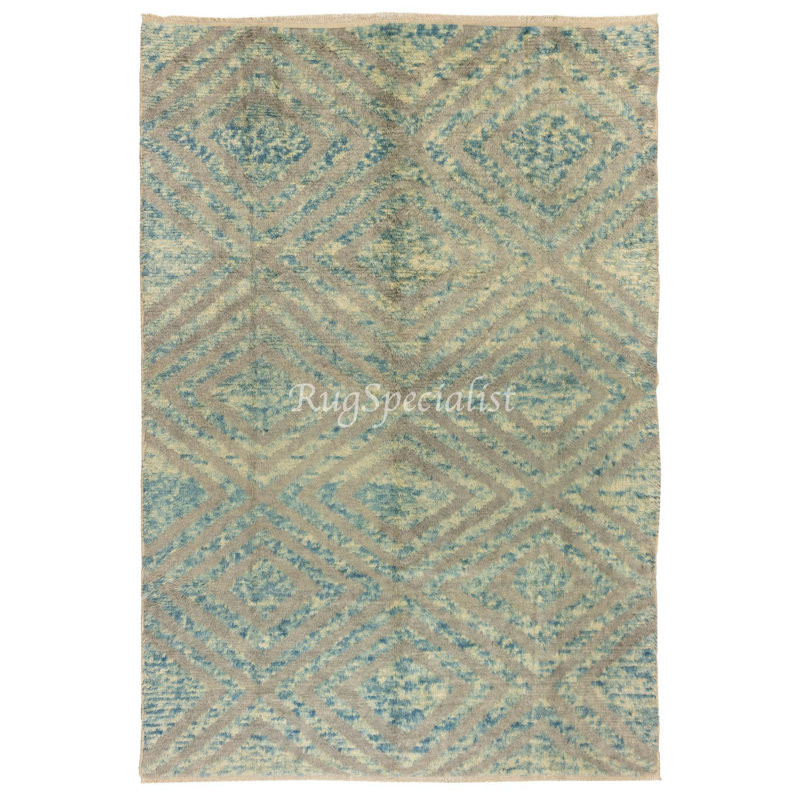 Tapis noué à la main moderne de couleur crème clair et bleu clair, 100% laine, options personnalisées