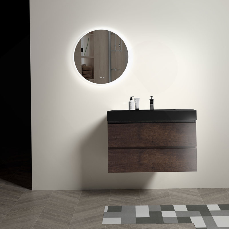 Meuble-lavabo mural avec lavabo, grand meuble-lavabo flottant mural, Noyer, 36", Noir
