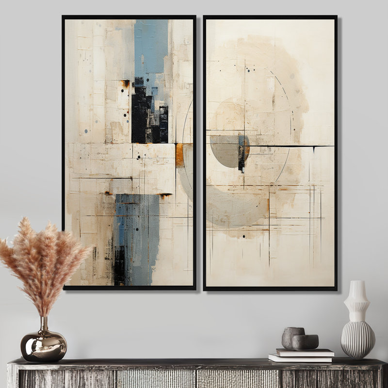 «Blue and White Timeless Minimalisme - Peinture abstraite sur toile surdimensionnée, 2 panneaux, 32" H x 32" W, Black