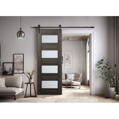 Panelled Wood and Glass Barn Door with Installation Hardware Kit