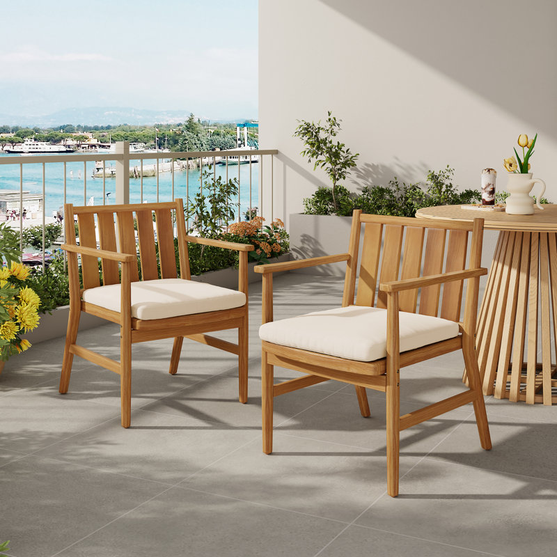 Chaises de salle à manger d'extérieur à accoudoirs en bois d'acacia avec coussins amovibles