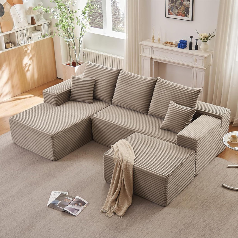 Canapé en L 107 po avec repose-pieds, canapé modulaire moderne en U confortable en forme de U, siège profond, méridienne rembourrée en velours côtelé pour salon, sans assemblage requis, noir