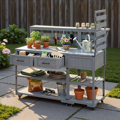 Patio Kitchen Island With Stainless Table Top, Raised Shelf, Drawers And Open Shelves