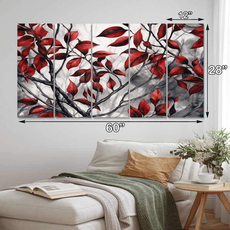 Feuilles rouges et grises sur un arbre VI - ensemble de décorations murales florales en métal