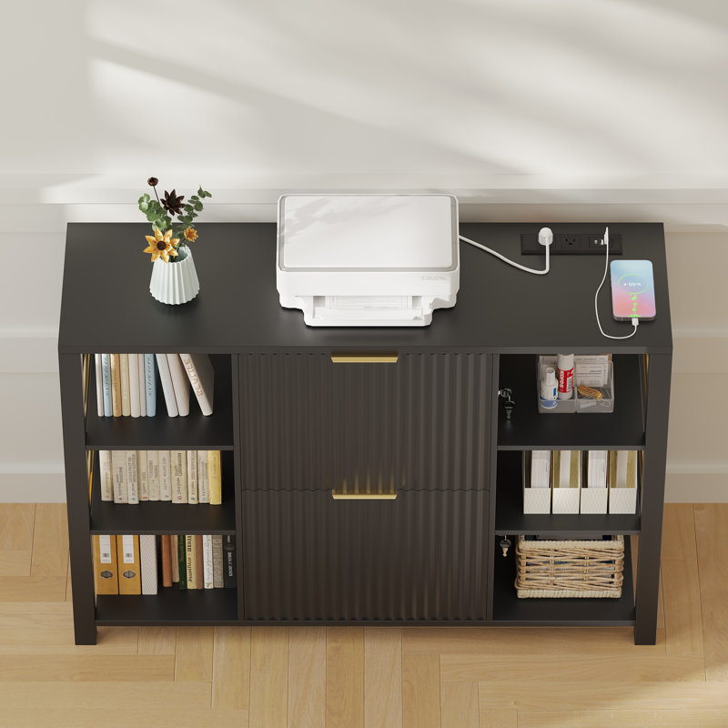 Luxury 2-Drawer Filing Cabinet With Lock, Fluted Wood Drawers & Open Display Shelves – Modern Designer Office Storage, Black
