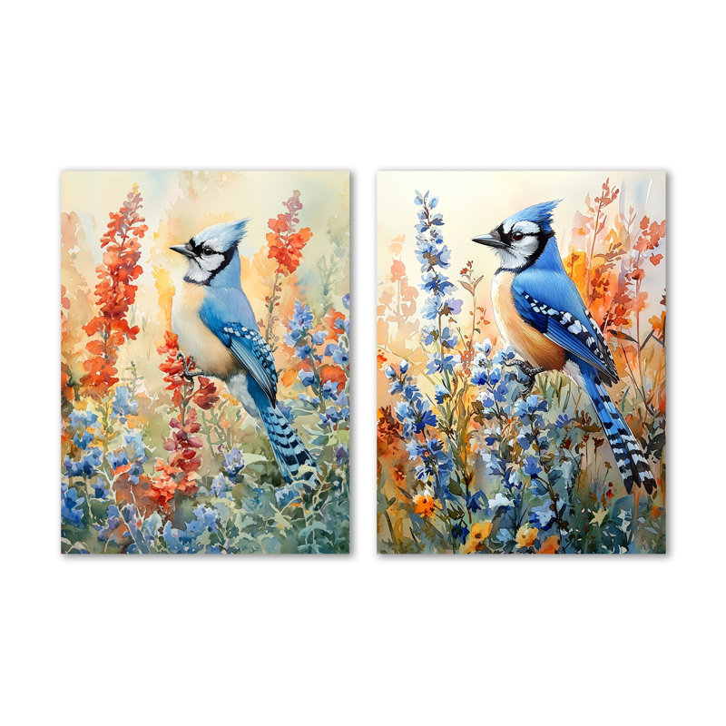 Blue Jay in the Summer Garden I - Birds, ensemble de 2 décorations murales en métal, 32" H x 48" W