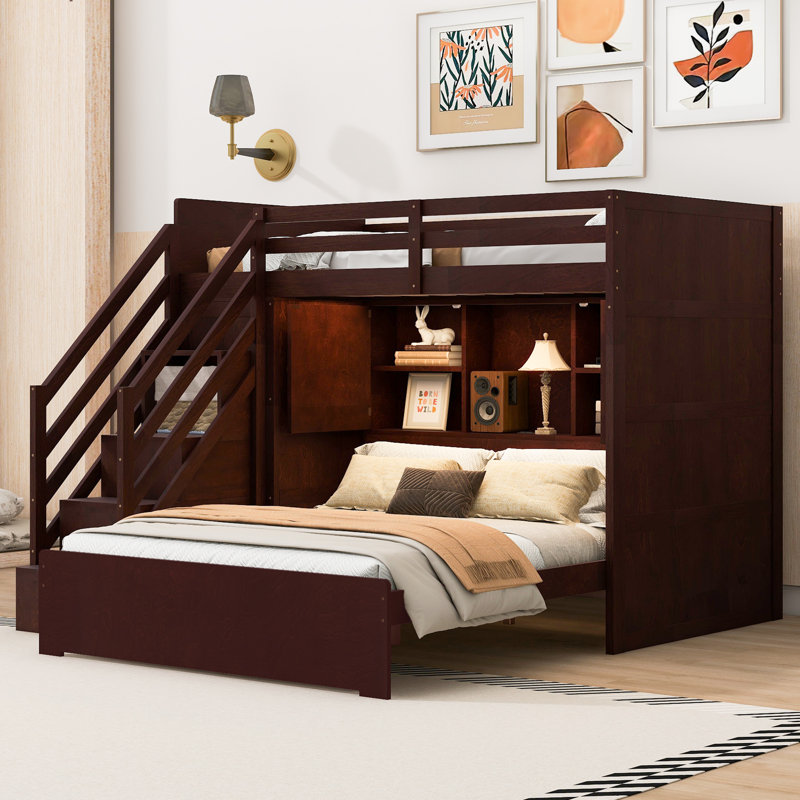 Twin Over Full Bunk Bed, Storage Staircase, Wood, Built-In Wardrobe And Usb Led Headboard, Modern & Contemporary, Kids Bedroom