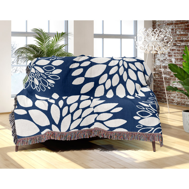 Jeté floral en coton, 50 x 60, Marine