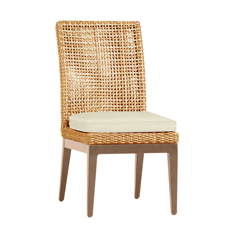 Peninsula Patio Dining Side Chair with Cushions, Welt, Rollo Lace InsideOut® Linen, Raffia/Sandalwood