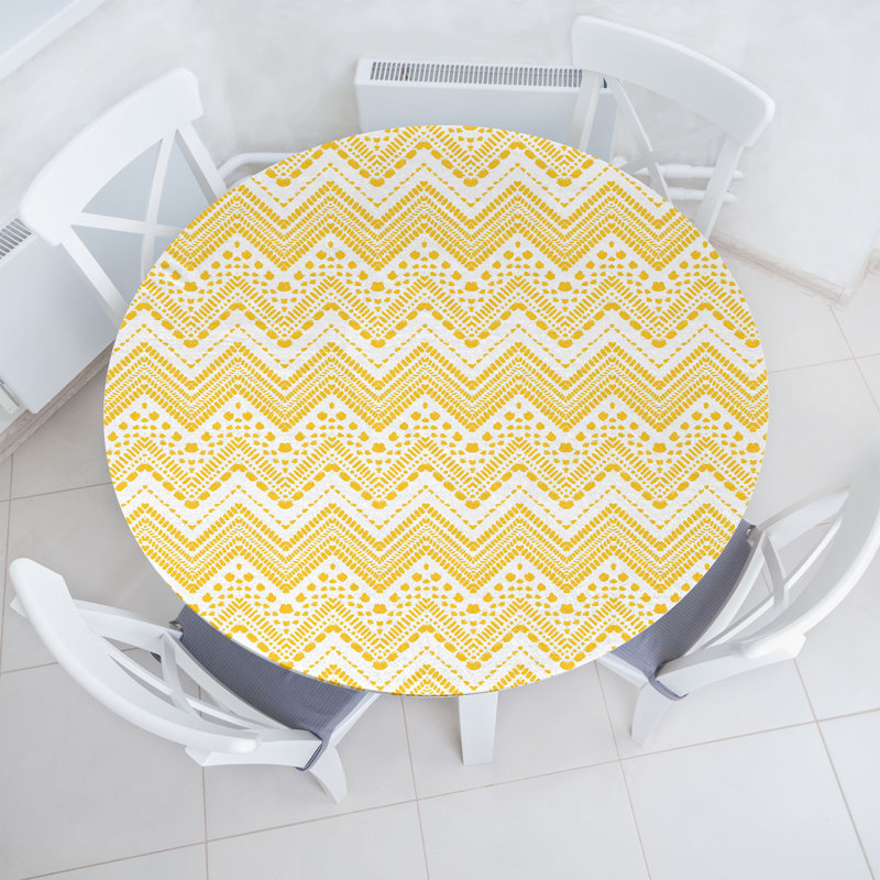 Ebern Designs Yellow Chevron Fitted Round Tablecloth Mustard White, 64.17" Round