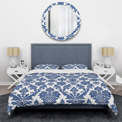 Ensemble de housse de couette transitionnel bleu et blanc intemporel damassé Glamour Art II