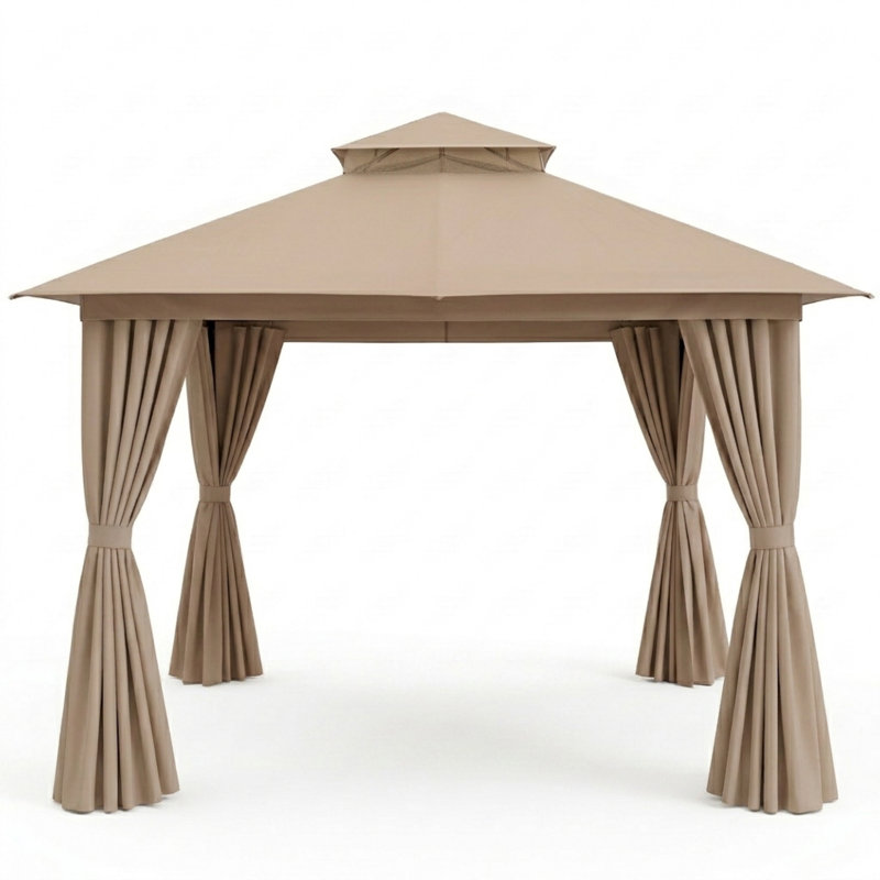 Gazebo de terrasse Yardgrace 3 m x 3 m avec toit souple, auvent à 2 niveaux, moustiquaire et rideaux d'intimité, marron, Brun