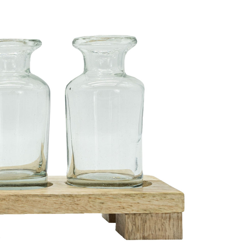  3 vases à bourgeons et plateau en bois naturel et verre