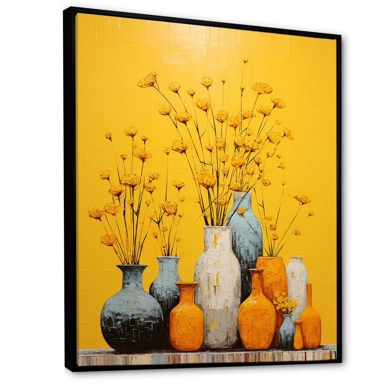 Minimalisme, poteries jaunes sur toile, Cadre flottant noir, H 44 po x l 34 po x P 1,5 po