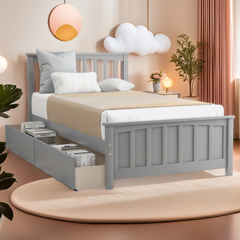 Lit plateforme simple avec deux tiroirs, Gris