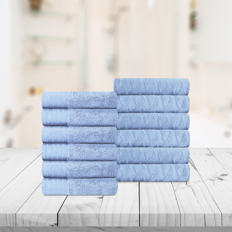 Dayeli Turkish Cotton  Jacquard and Solid Medium Weight Washcloth Towel Set (Set of 12), Blue