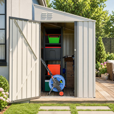Remise de rangement blanche en métal de 4 pi x 7 pi avec porte verrouillable, remise pour outils de jardin en acier galvanisé avec évents, rangement pour vélo et équipement de jardin résistant aux intempéries pour la cour et le patio