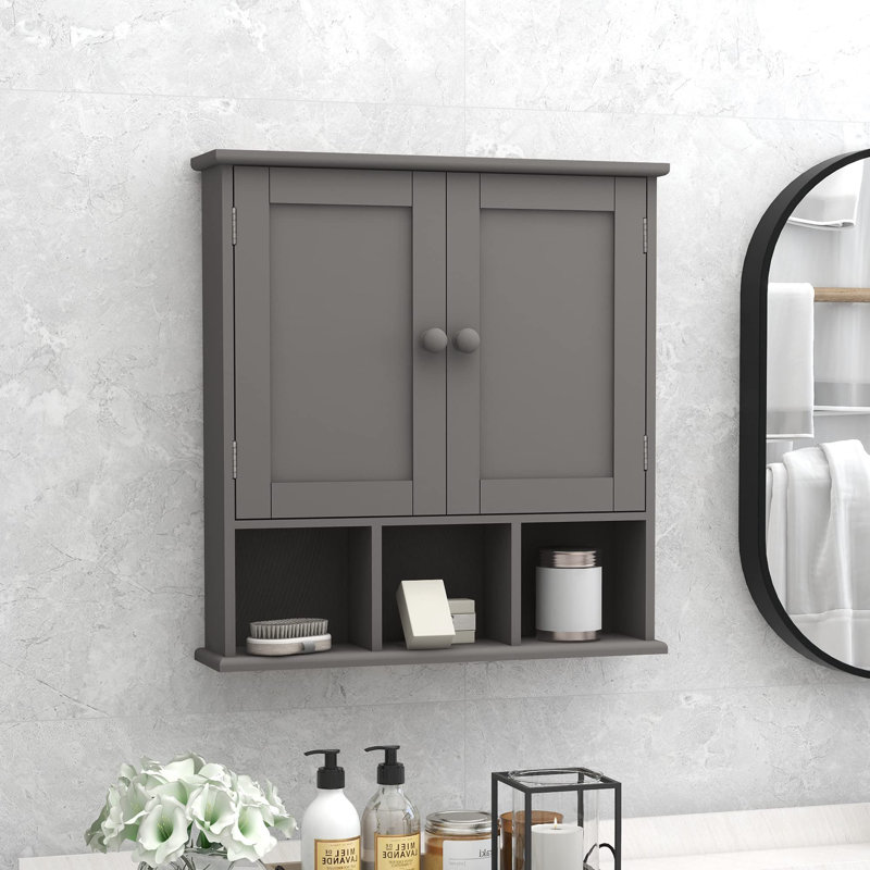 Armoire de salle de bain grise avec 2 tablettes réglables à porte, rangement au-dessus de la toilette, armoire à pharmacie murale pour salle de bain et salle de lavage