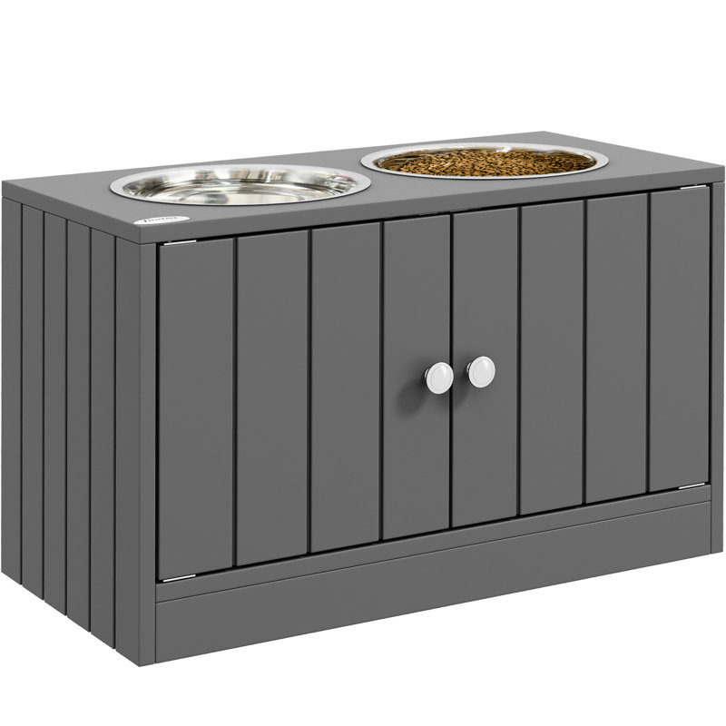 Elevated Pet Food Bowls Cabinet With Storage, Feeding Station, Gray 44l Cabinet, Gray, For Large Pets