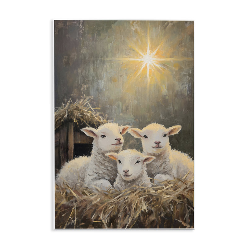 «Festive Lambs in Stable», plaque murale par Petal Prints Design, H 19 po x l 13 po
