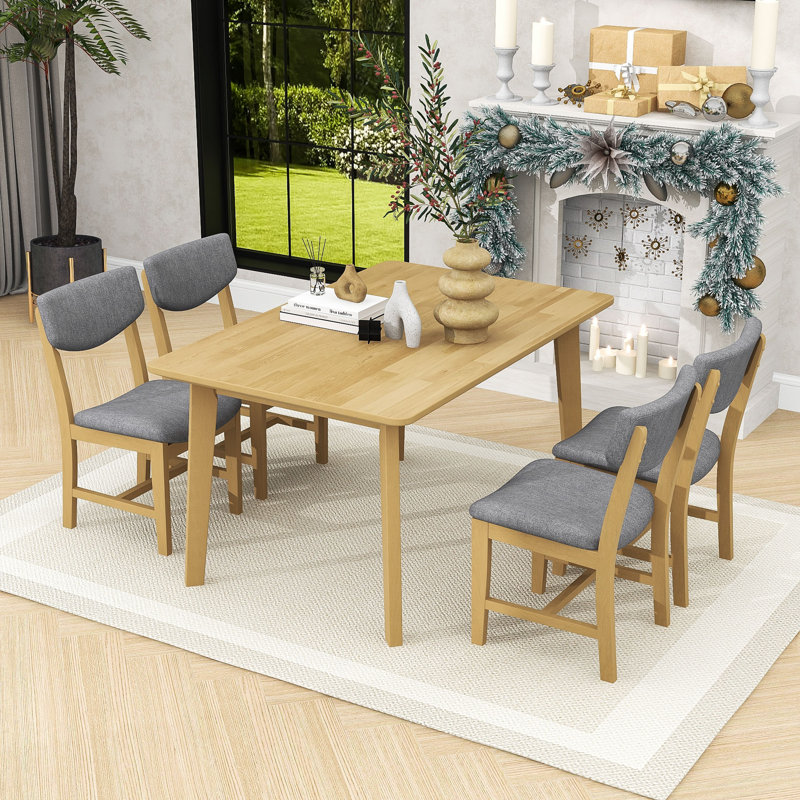 Ensemble de salle à manger rustique 5 pièces avec table en bois et 4 chaises rembourrées, Naturel, Naturel