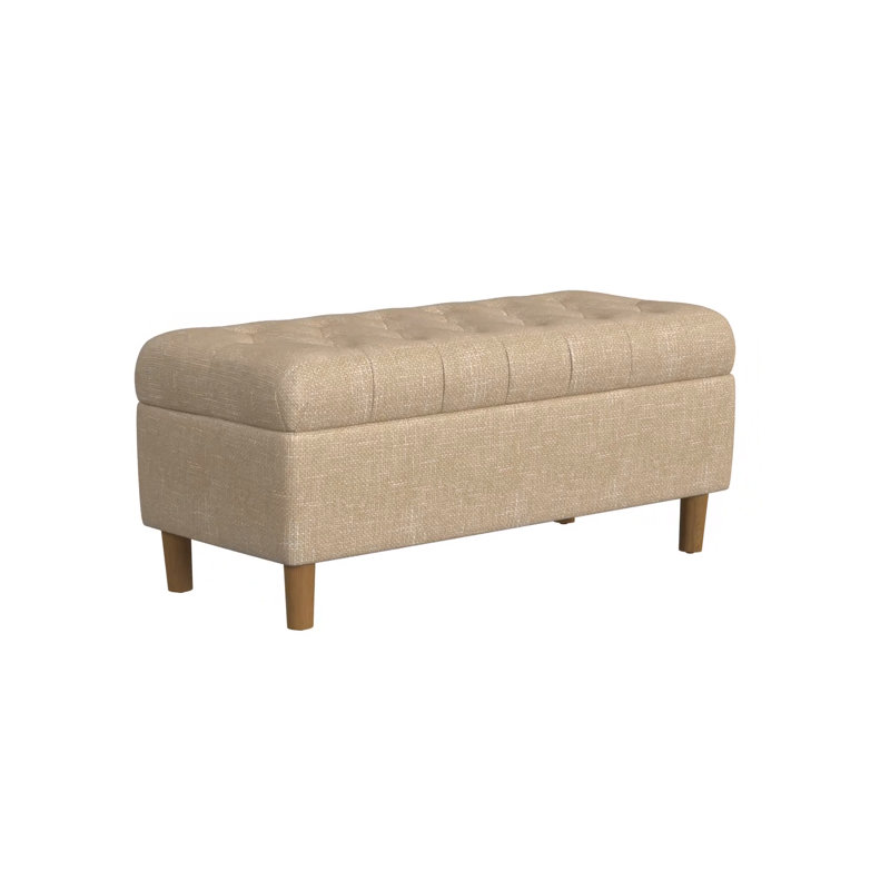Tan Button Tufted Storage Bench with Oak Legs
