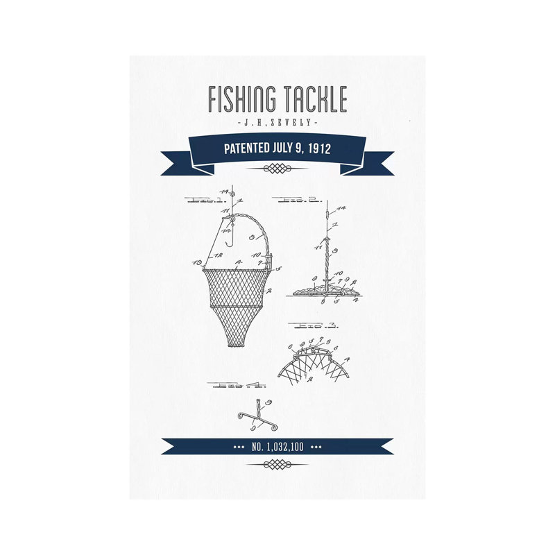 J.H. Zevely Fishing Tackle Patent Sketch Retro (Navy Blue) by Aged Pixel - Wrapped Canvas Gallery-Wrapped Canvas Giclée